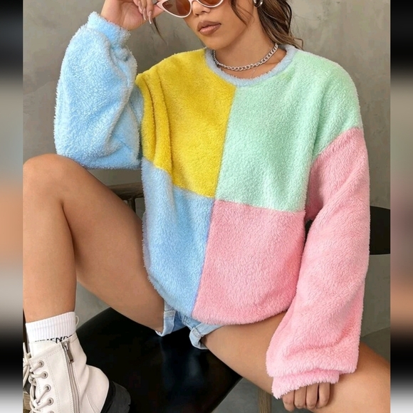 Color Block Drop Shoulder Teddy Pullover,Long Sleeve Tops - Picture 2 of 5